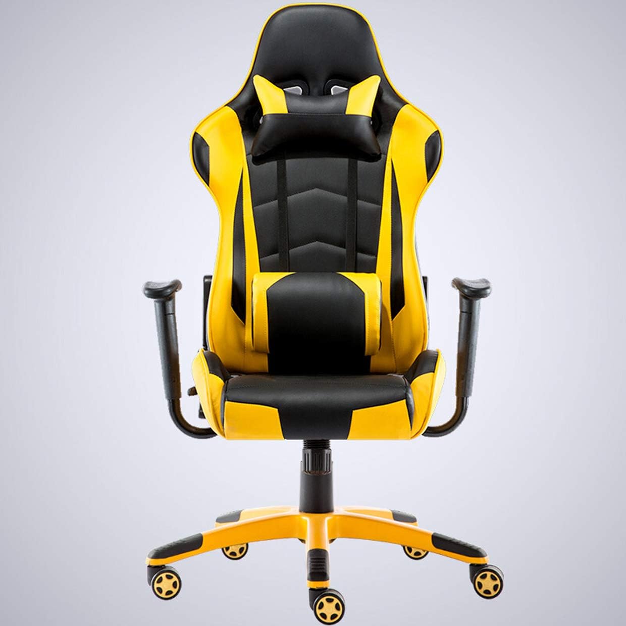 Yellow gaming chair with ergonomic backrest, adjustable armrests, and padded seat for home or professional gaming.