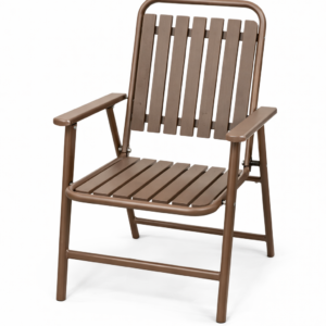 Brown foldable patio chair with ergonomic backrest and durable frame