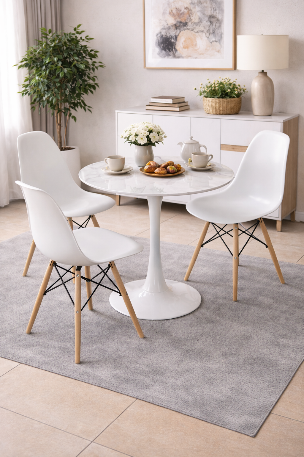 Elegant 3-seater dining table with modern chairs in a compact dining setup
