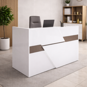 Modern white office reception desk with sleek design in a contemporary workspace