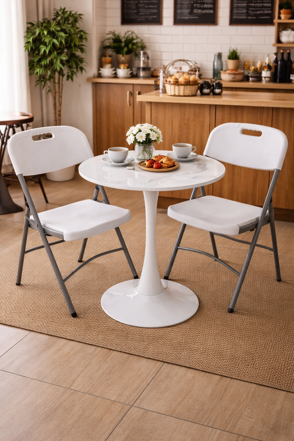 Modern 2-seater café table with sleek chairs in a stylish café setup
