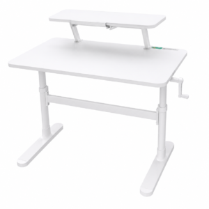 Modern 1M manual height adjustable desk with monitor shelf and white metal frame