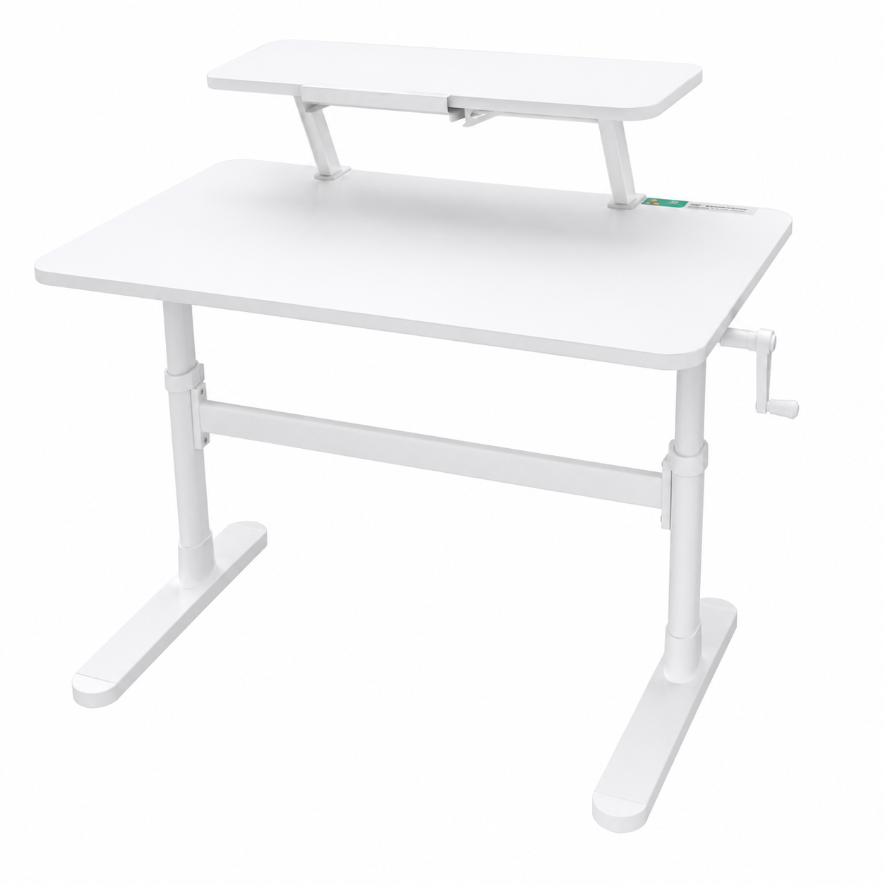 Modern 1M manual height adjustable desk with monitor shelf and white metal frame