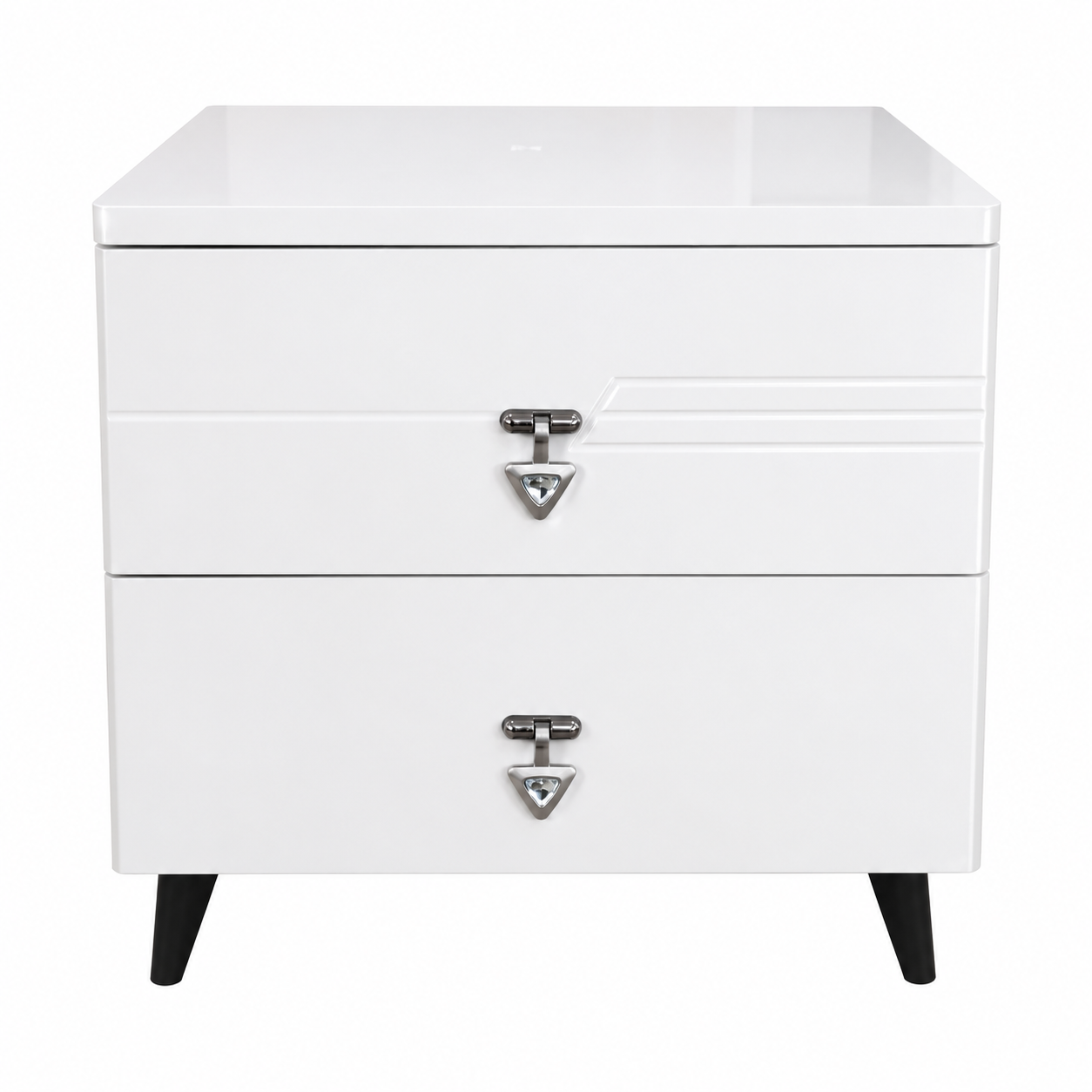 Modern 2 drawer white bedside cabinet with glossy finish and metallic handles
