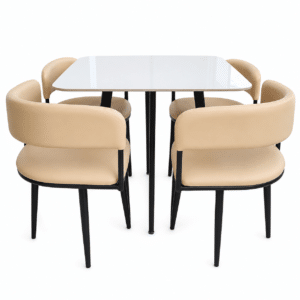 Royal Curve Marble Dining Set with marble-effect tabletop, cushioned dining chairs, and black metal legs