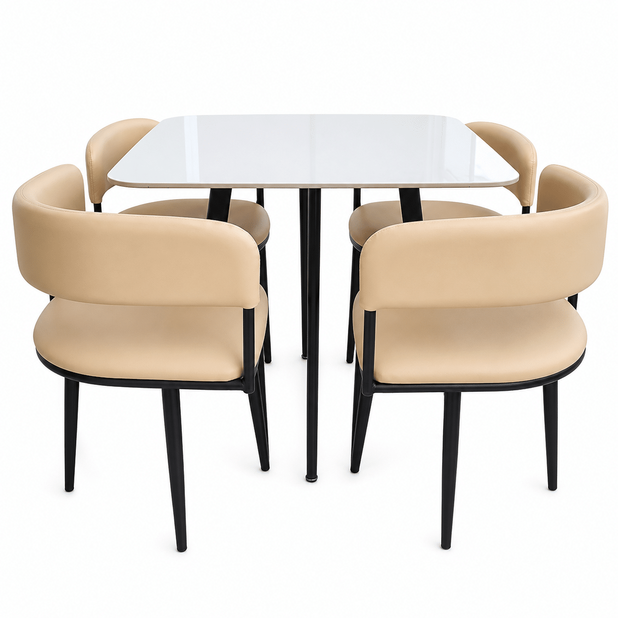 Royal Curve Marble Dining Set with marble-effect tabletop, cushioned dining chairs, and black metal legs