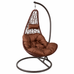 Modern hammock wicker hanging chair with brown cushions and metal stand