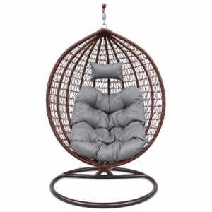 Modern hammock wicker egg chair with gray cushions and circular metal base