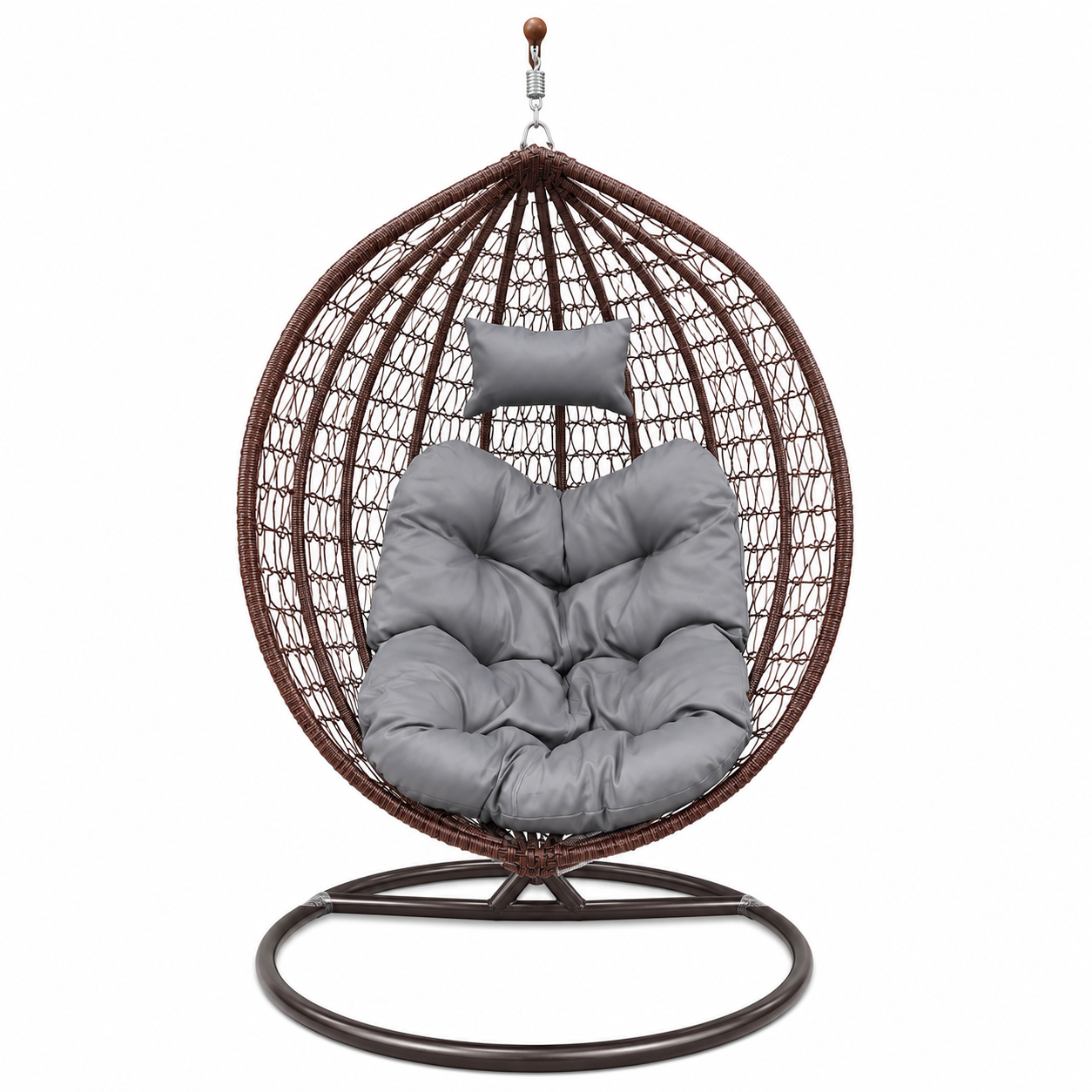 Modern hammock wicker egg chair with gray cushions and circular metal base