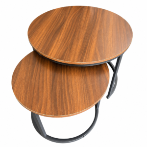 Round wooden nesting table with black metal base