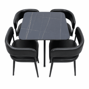 Royal Curve Marble Dining Set-Black with black marble-effect tabletop, curved upholstered dining chairs, and modern black metal legs.