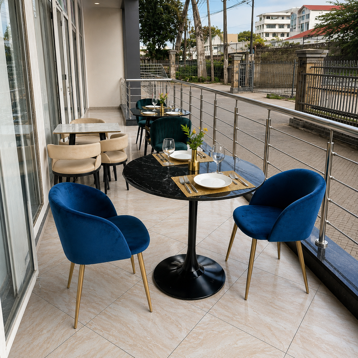 Modern 2 seater minimalist dining set featuring a round black dining table and two blue upholstered dining chairs with wooden legs