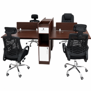 4-way modern office workstation with privacy panels, storage unit, and ergonomic office chairs.