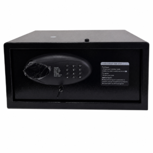 Black electronic safe with digital keypad lock for secure storage of valuables.