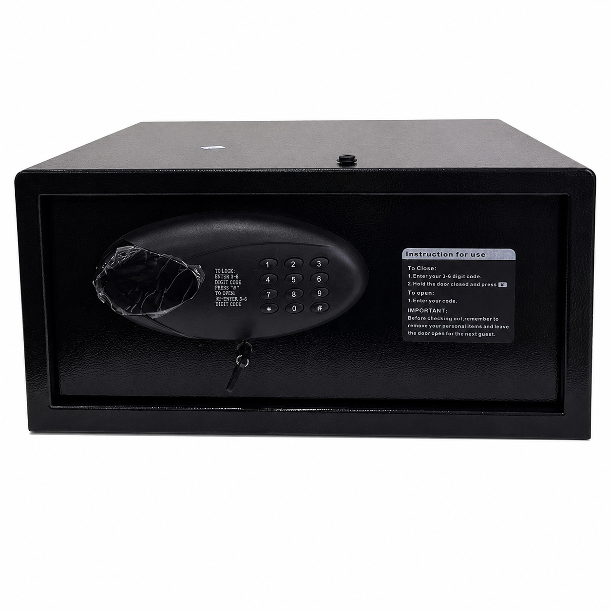 Black electronic safe with digital keypad lock for secure storage of valuables.