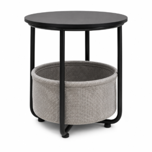 Minimalist black round side table with grey fabric storage basket, modern metal frame, and compact space-saving design for living rooms and bedrooms.
