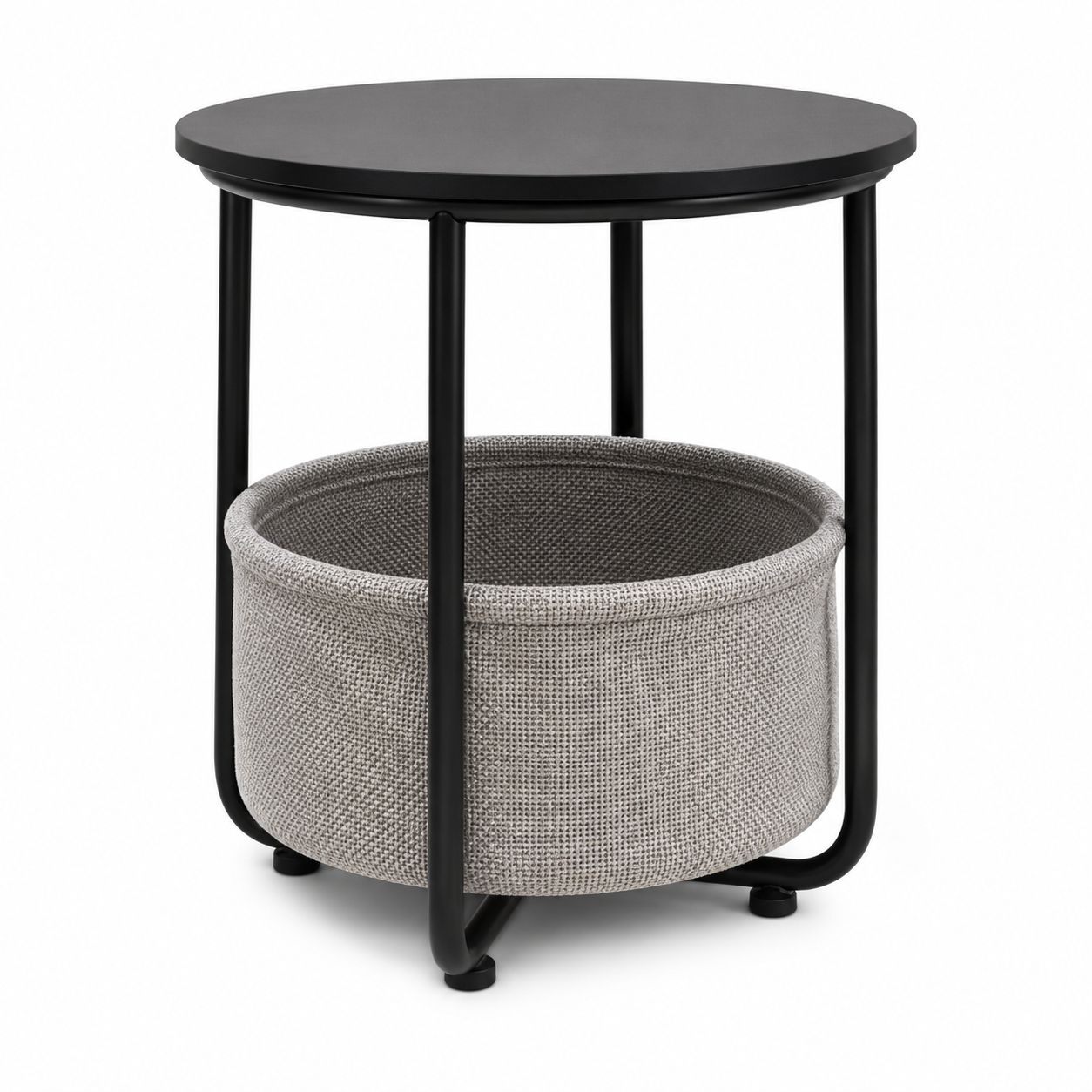 Minimalist black round side table with grey fabric storage basket, modern metal frame, and compact space-saving design for living rooms and bedrooms.