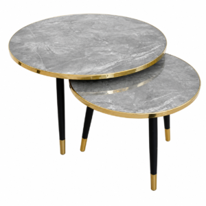 Modern round nesting tables with marble-effect tops, gold trim, and black metal legs.