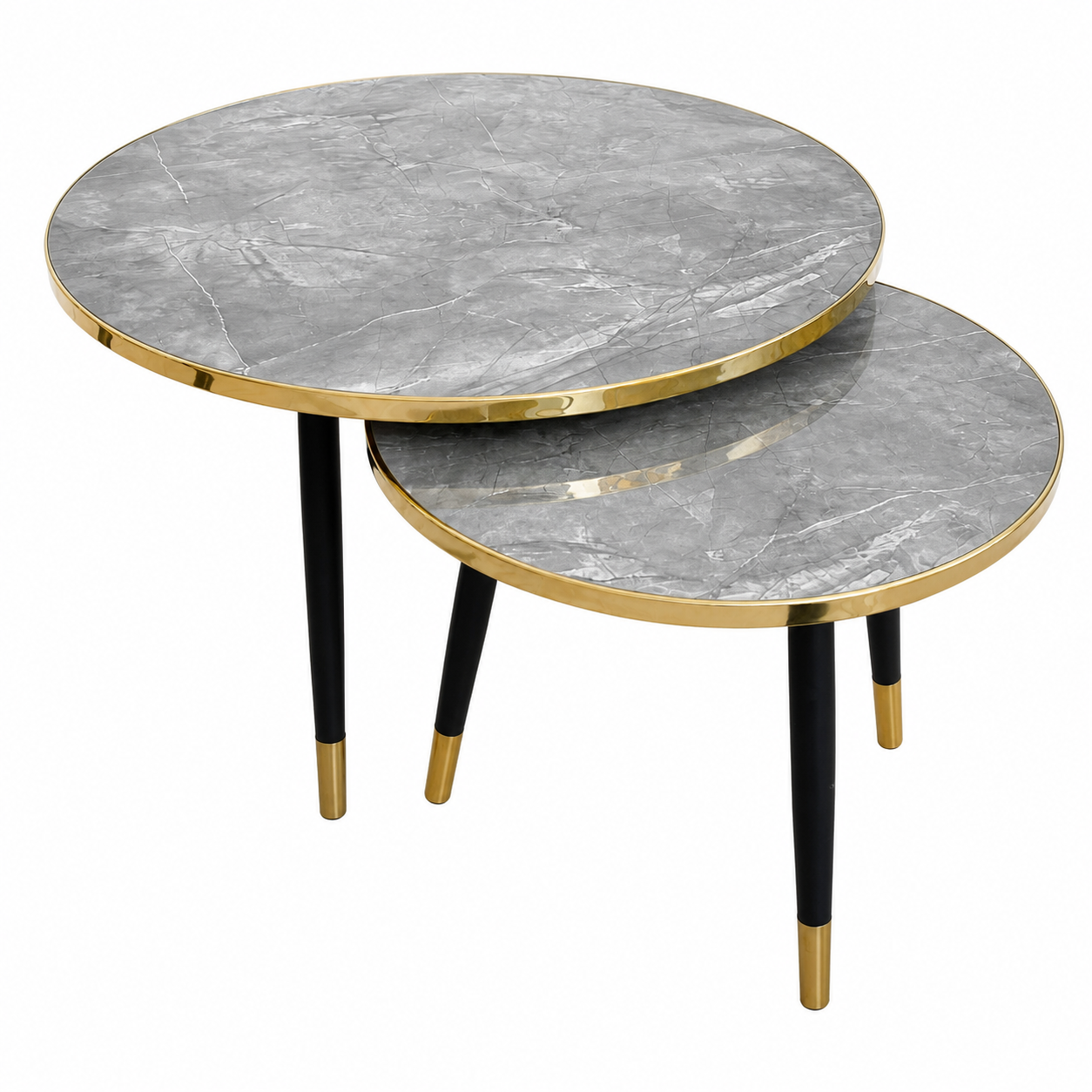 Modern round nesting tables with marble-effect tops, gold trim, and black metal legs.