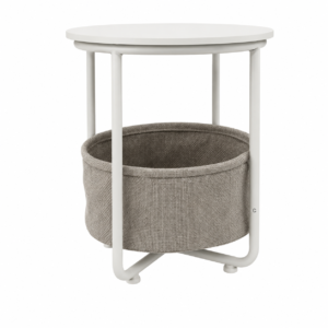 Modern round side table with fabric storage basket, white metal frame, multifunctional side table for living room and bedroom storage.