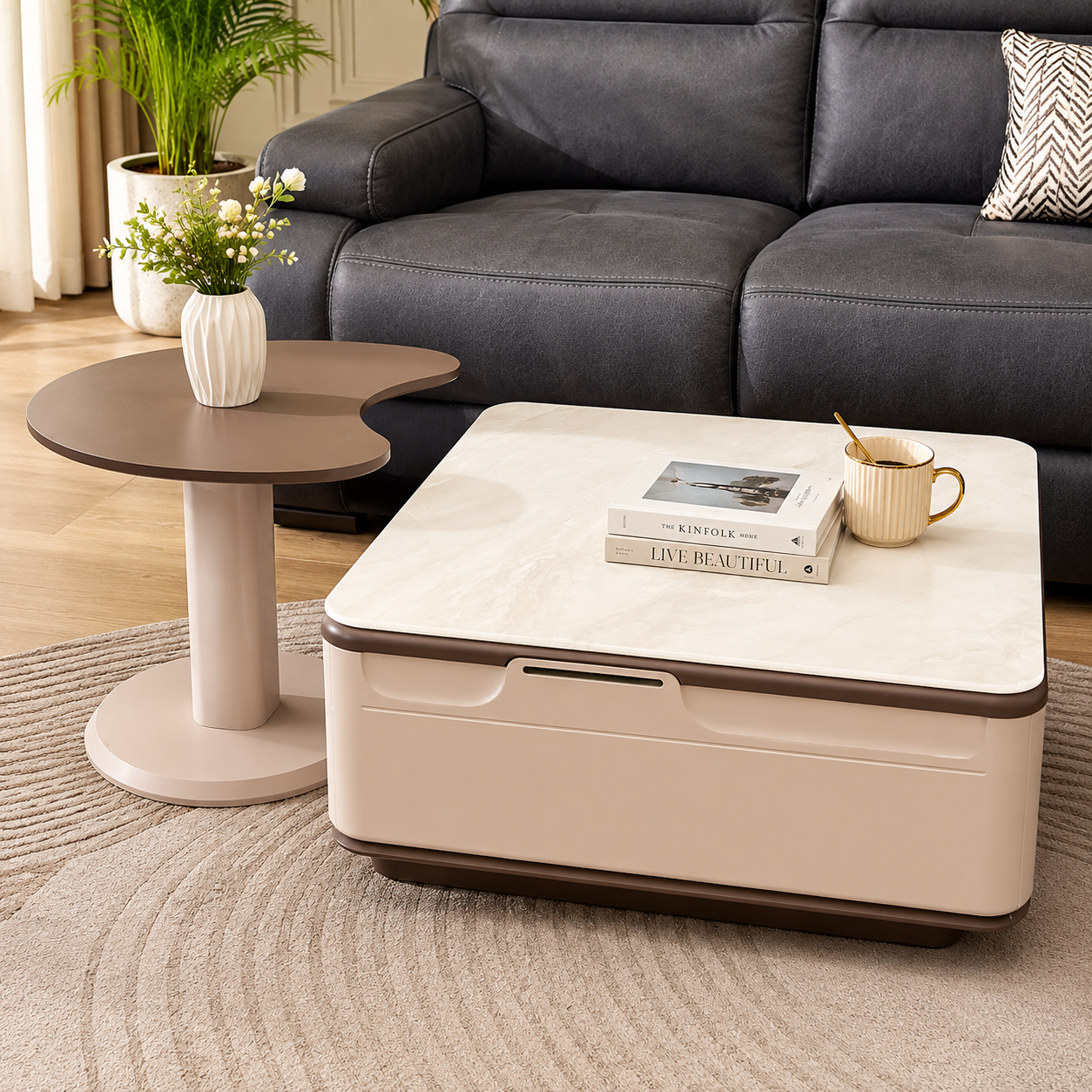 Modern coffee table with matching side table in a contemporary living room setting.