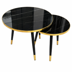 Sleek black and gold round nesting tables with glossy tabletop and gold accents.