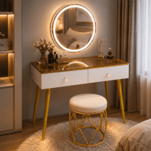 Modern white and gold LED dressing table with round illuminated mirror, tempered glass tabletop, two drawers, and cushioned stool