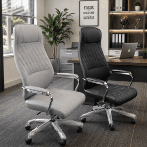 Modern ergonomic executive office chairs in white and grey featuring premium PU leather upholstery, chrome armrests, high-back support, and a chrome swivel base