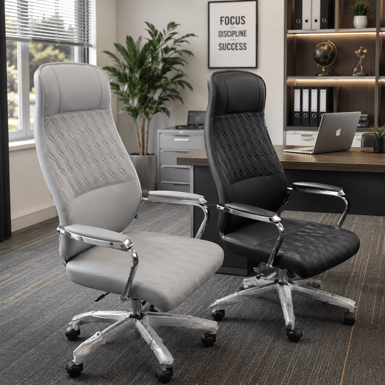 Modern ergonomic executive office chairs in white and grey featuring premium PU leather upholstery, chrome armrests, high-back support, and a chrome swivel base