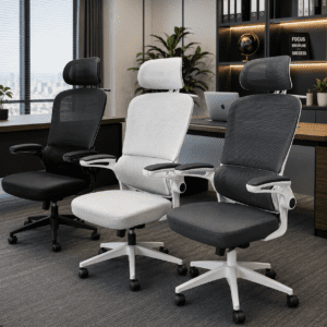 Modern ergonomic mesh office chairs in black, white, and grey featuring adjustable headrests, lumbar support, adjustable armrests, and integrated rear coat hangers