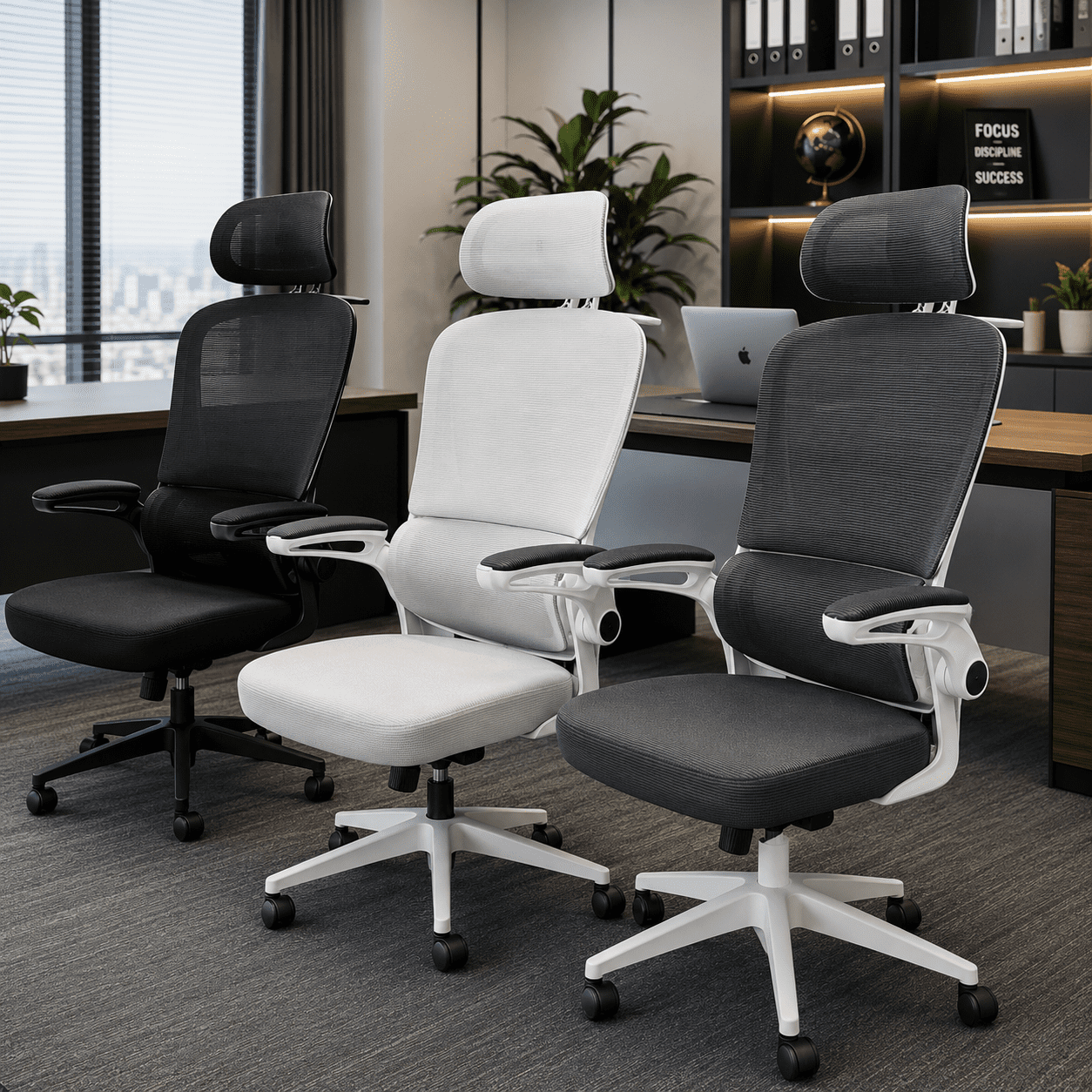 Modern ergonomic mesh office chairs in black, white, and grey featuring adjustable headrests, lumbar support, adjustable armrests, and integrated rear coat hangers