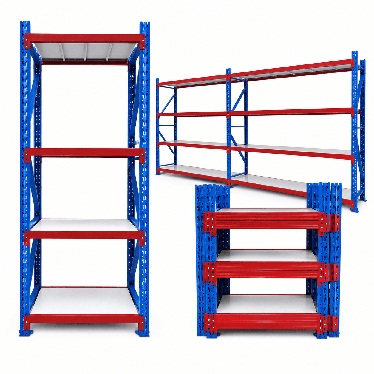 Heavy-duty industrial shelving rack with blue steel uprights, red support beams, and adjustable white shelves for warehouse and commercial storage in Kenya.