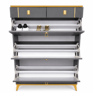 Modern grey and gold shoe rack console featuring three flip-down shoe compartments, two storage drawers, and a slim contemporary design for stylish home organization