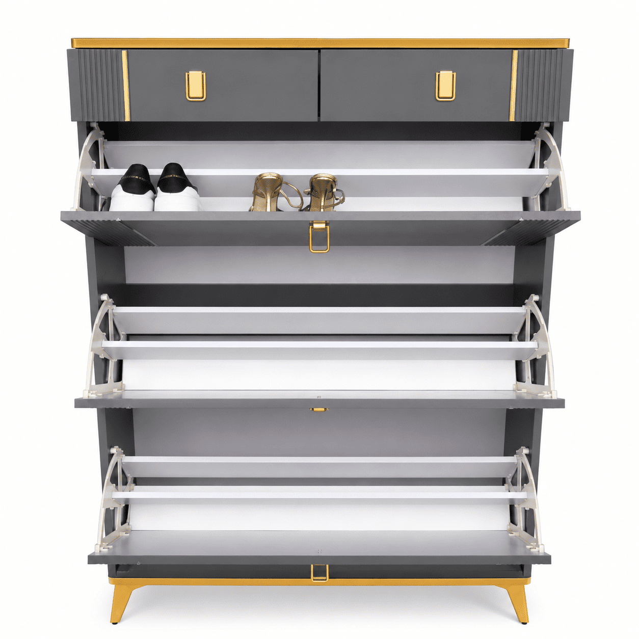 Modern grey and gold shoe rack console featuring three flip-down shoe compartments, two storage drawers, and a slim contemporary design for stylish home organization