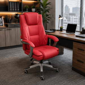 Modern red executive office chair with ergonomic high-back support, premium PU leather upholstery, padded armrests, and a heavy-duty swivel base