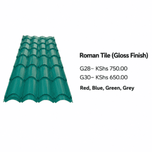 Green Roman Tile Mabati roofing sheet with a high-gloss finish, made from premium galvanized steel for durable residential and commercial roofing in Kenya.