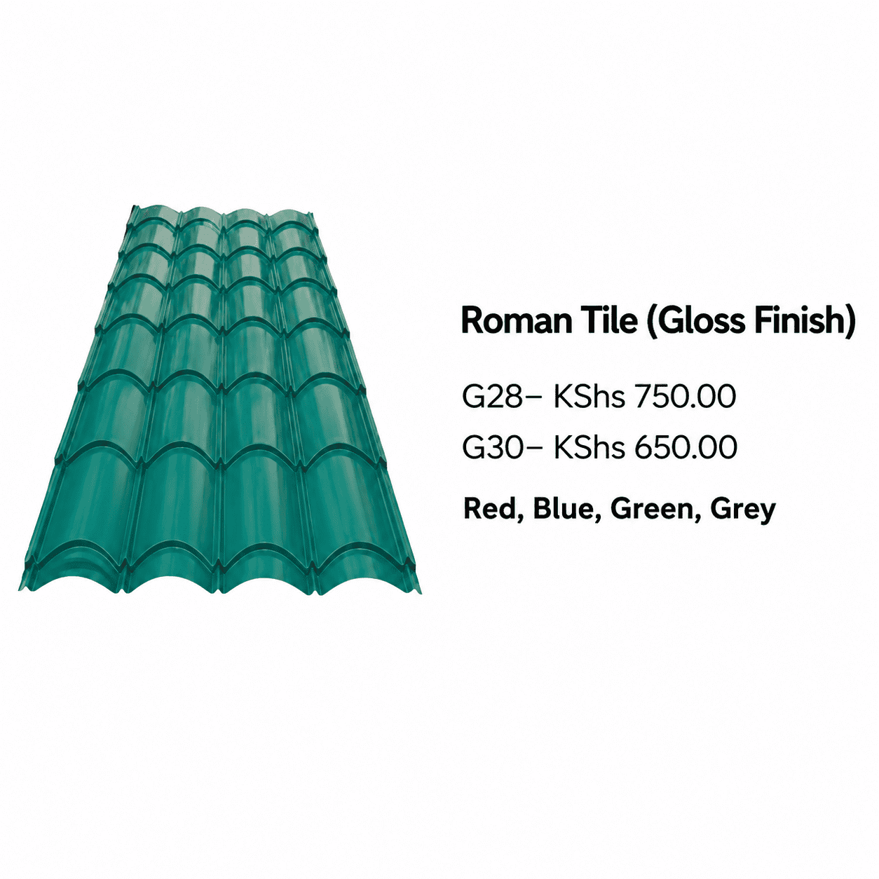 Green Roman Tile Mabati roofing sheet with a high-gloss finish, made from premium galvanized steel for durable residential and commercial roofing in Kenya.