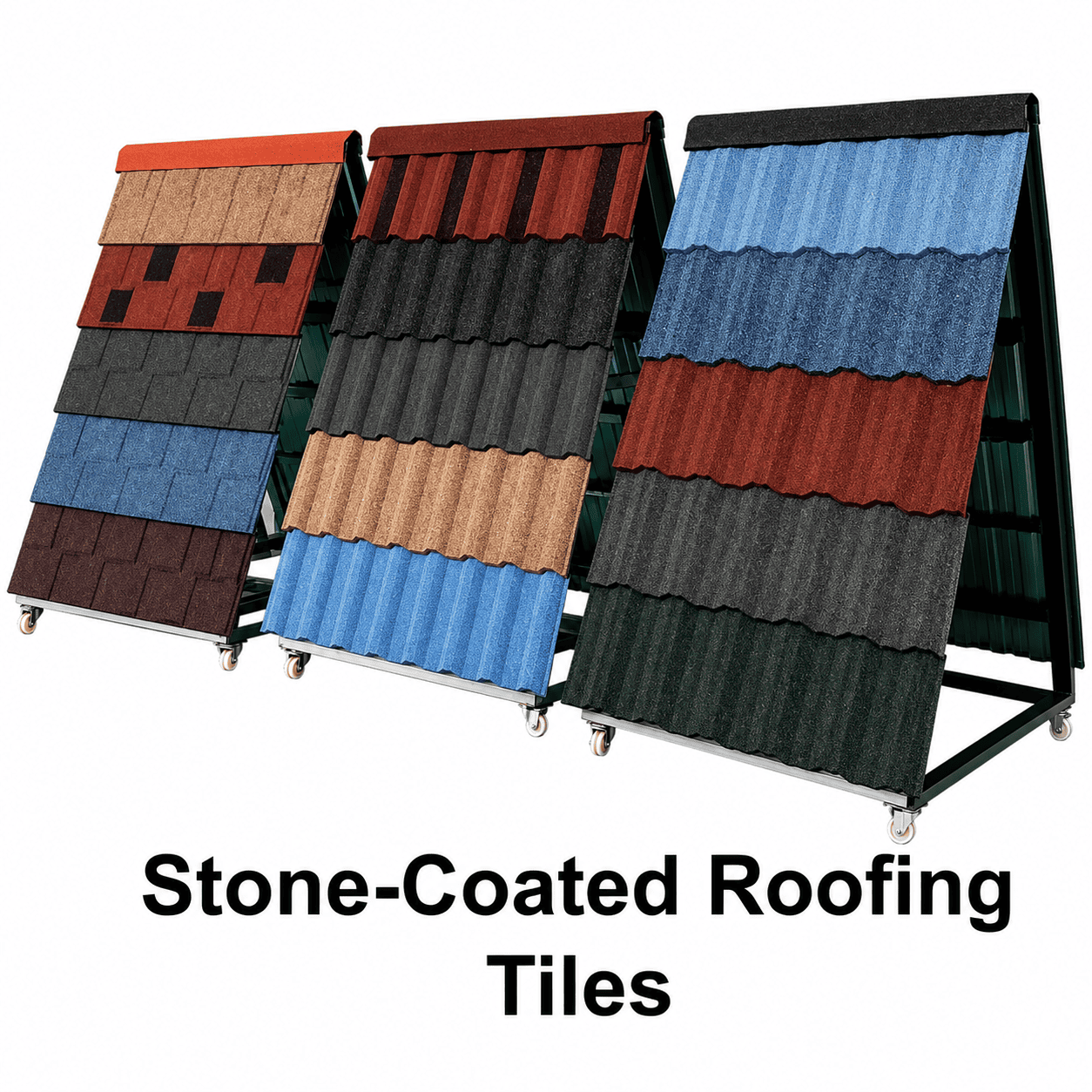 Premium stone-coated roofing tiles in multiple colours and profiles for residential, commercial, and institutional buildings in Kenya.