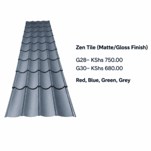Zen Tile Matte/Gloss Finish galvanized steel roofing sheet in grey for residential and commercial roofing projects in Kenya.
