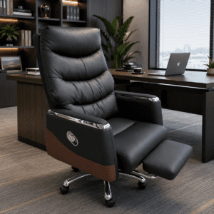 Black executive recliner office chair with ergonomic high-back support, retractable footrest, chrome armrests, and smooth-rolling wheels